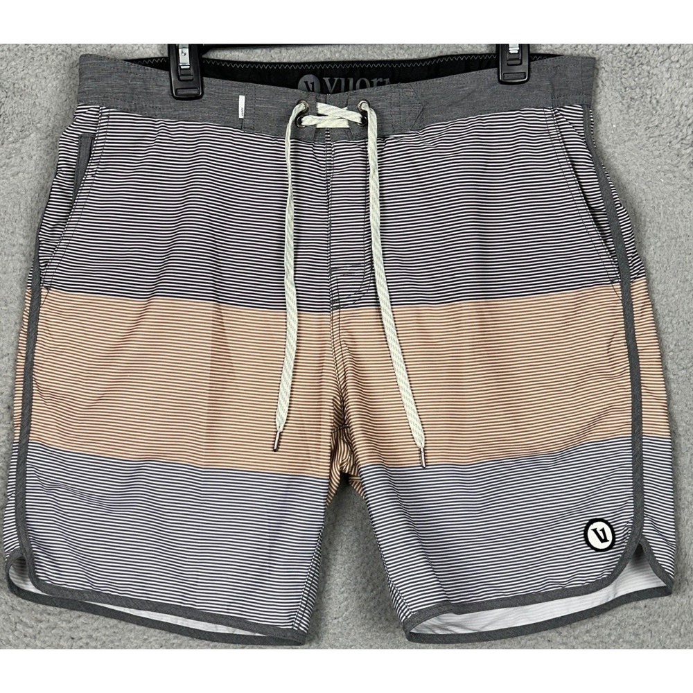 Vuori Swim Trunks Men XL Cruise Grey Tan Stripe Swimwear Drawstring Board Shorts